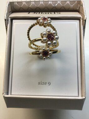 Dillards Size 9 Gold 3-Ring Pink and Pearl Ring
